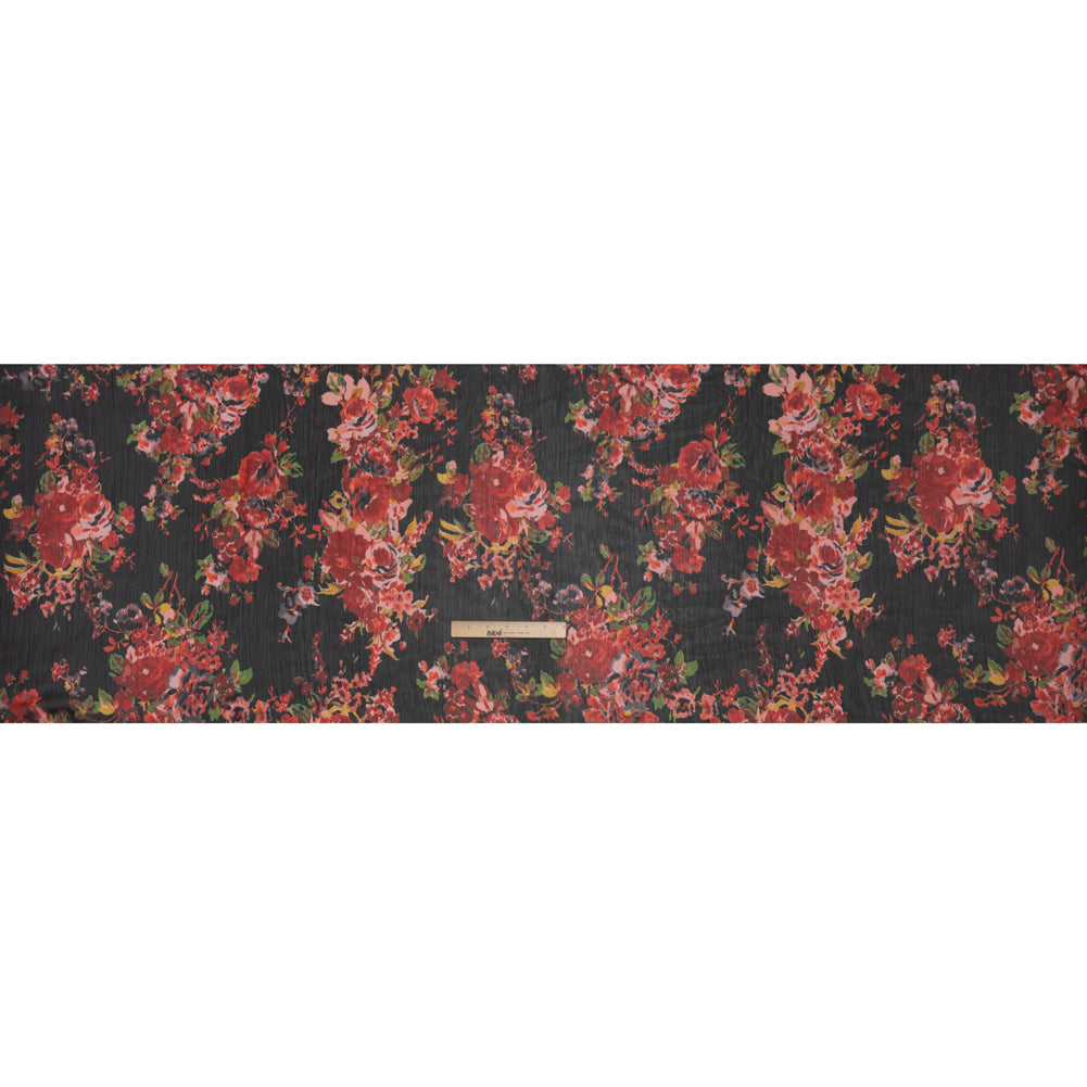 Crinkled Polyester Chiffon Print - Red, Green and Black Floral - Designer Deadstock