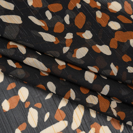 Crinkled Polyester Chiffon with Metallic Gold Pinstripes - Black, White and Tan Spots - Designer Deadstock