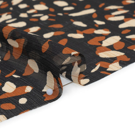 Crinkled Polyester Chiffon with Metallic Gold Pinstripes - Black, White and Tan Spots - Designer Deadstock