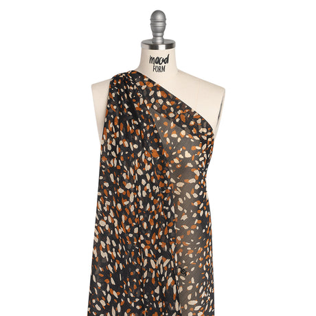 Crinkled Polyester Chiffon with Metallic Gold Pinstripes - Black, White and Tan Spots - Designer Deadstock