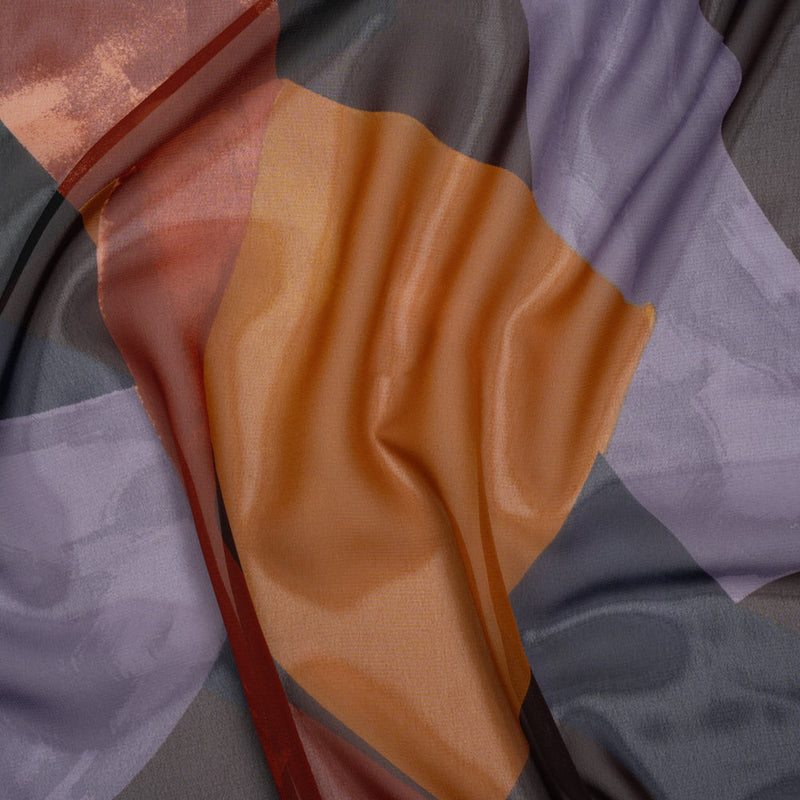 Polyester Chiffon Print - Burnt Orange, Brown and Dusty Lavender Abstract - Designer Deadstock