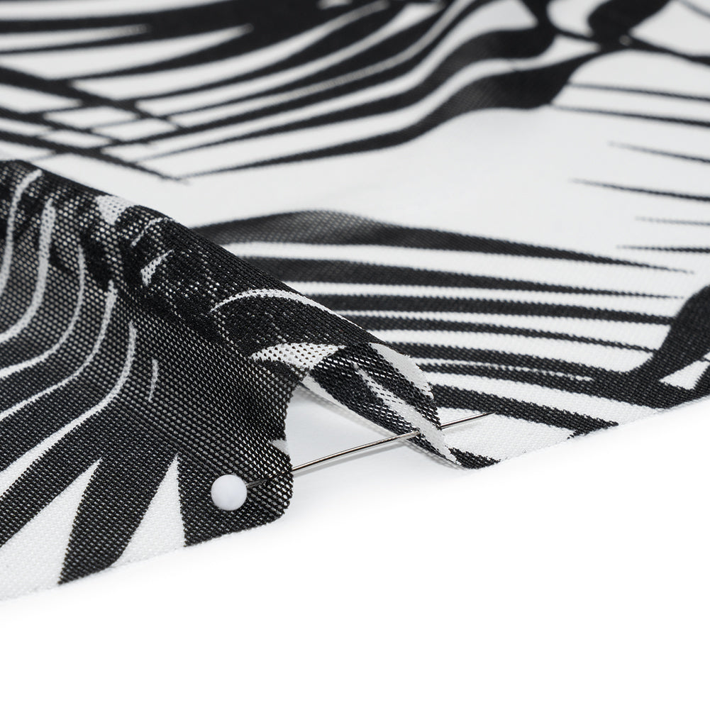Stretch Nylon Mesh - Black and White Palm Leaves - Designer Deadstock