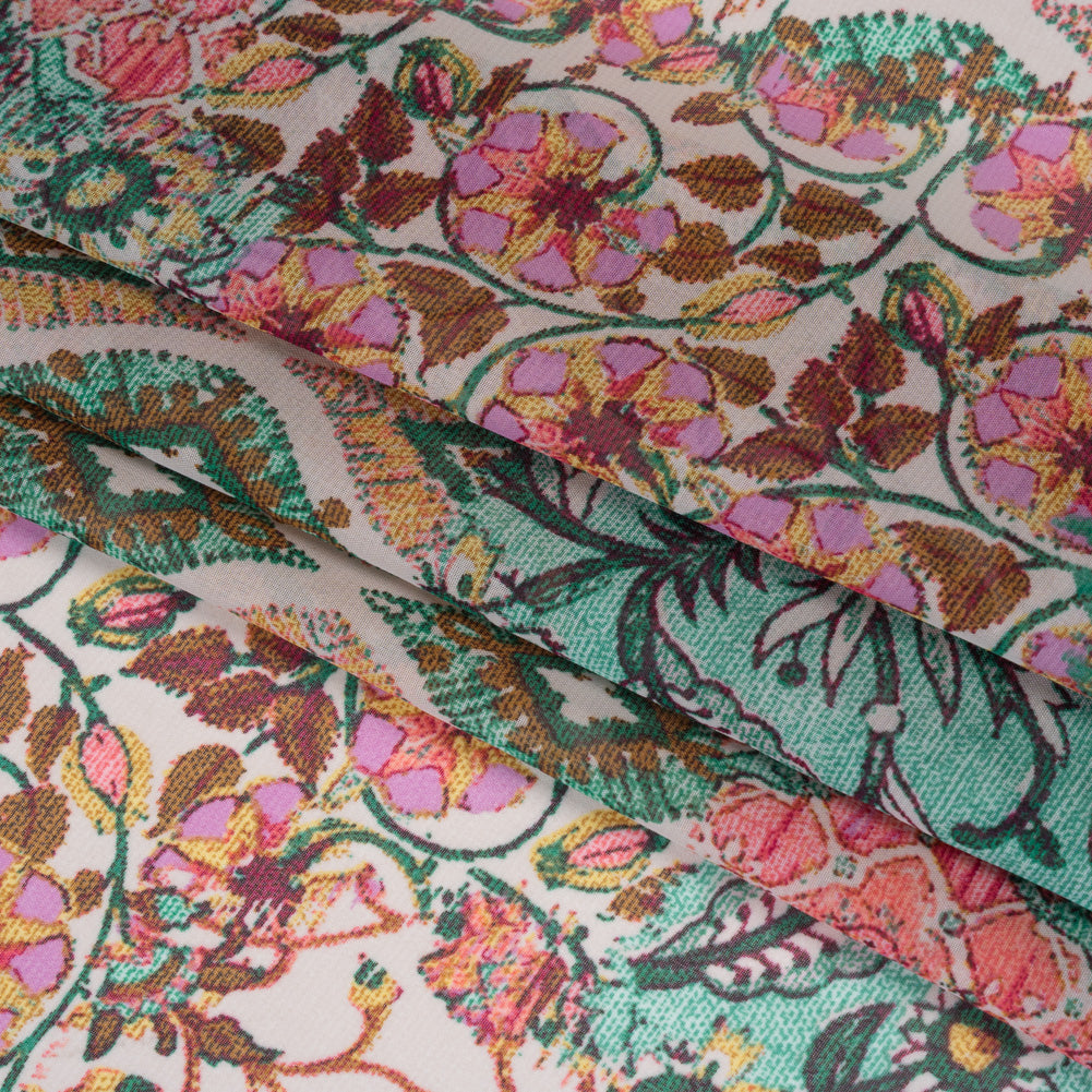 Polyester Chiffon Print - Pink, Mint Green and Yellow Flowers and Tiles Patchwork - Designer Deadstock