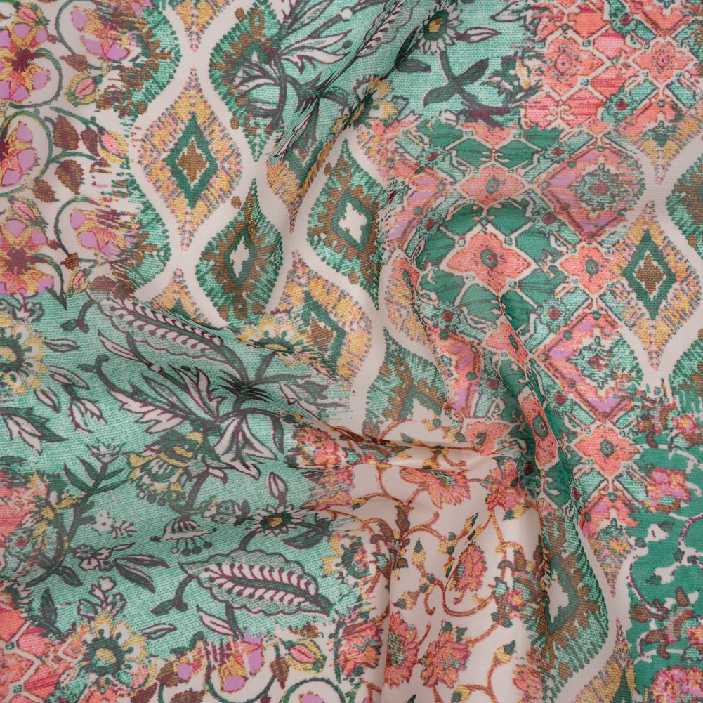 Polyester Chiffon Print - Pink, Mint Green and Yellow Flowers and Tiles Patchwork - Designer Deadstock