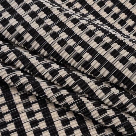 Fine Pleated Polyester Satin - Black and Cream Geometric Stripes - Designer Deadstock