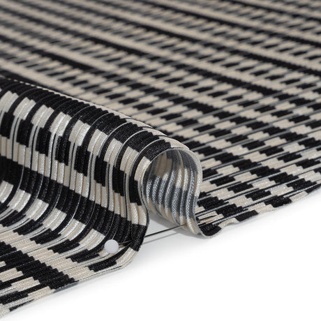 Fine Pleated Polyester Satin - Black and Cream Geometric Stripes - Designer Deadstock