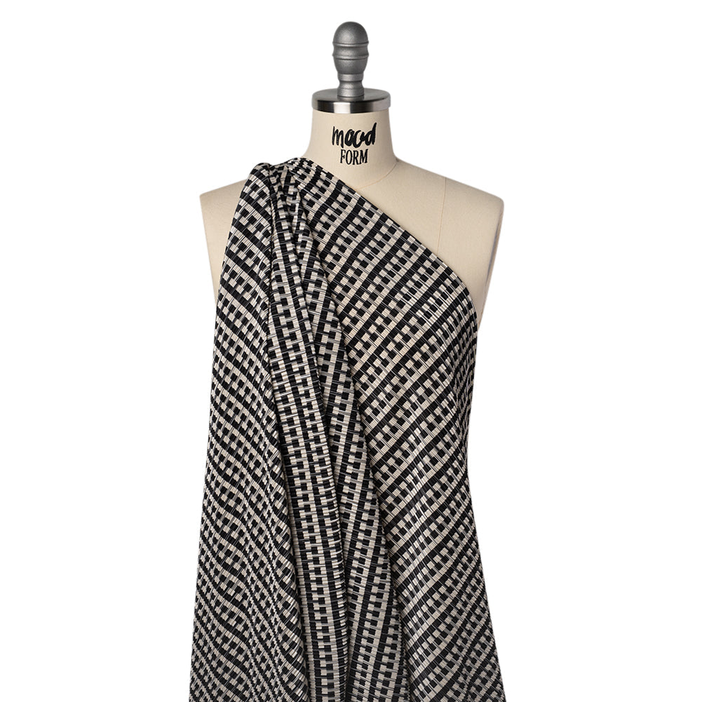 Fine Pleated Polyester Satin - Black and Cream Geometric Stripes - Designer Deadstock