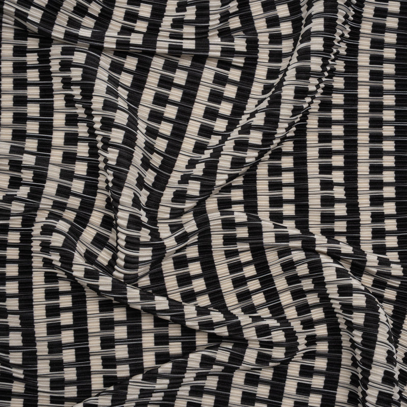 Fine Pleated Polyester Satin - Black and Cream Geometric Stripes - Designer Deadstock