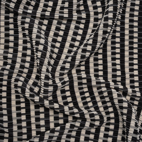 Fine Pleated Polyester Satin - Black and Cream Geometric Stripes - Designer Deadstock
