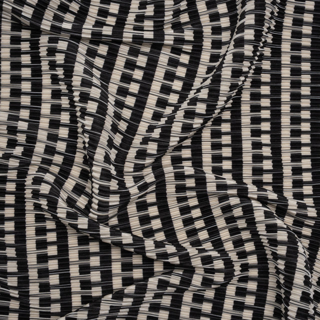 Fine Pleated Polyester Satin - Black and Cream Geometric Stripes - Designer Deadstock