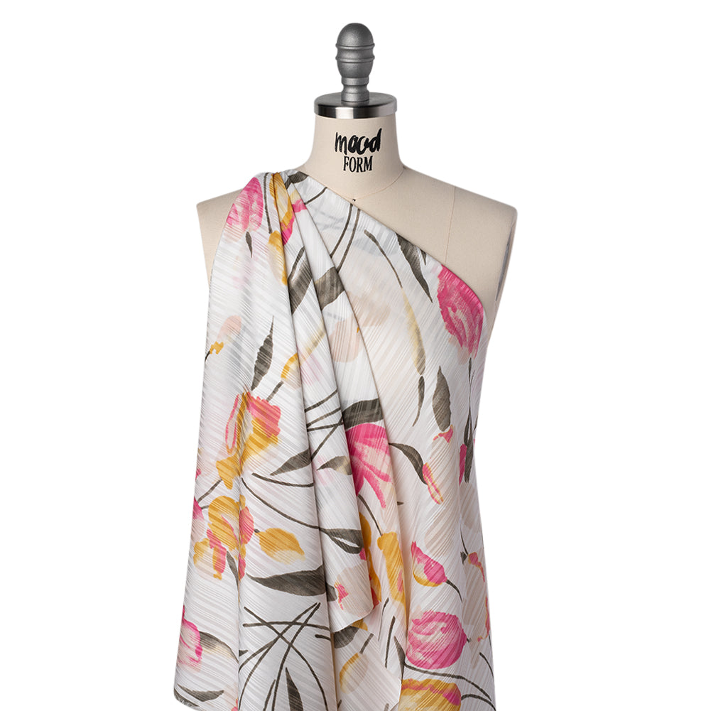 Satin Stripes Polyester Dobby Print - Pink, Golden Yellow and Olive Painterly Tulip Flowers - Designer Deadstock