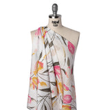 Satin Stripes Polyester Dobby Print - Pink, Golden Yellow and Olive Painterly Tulip Flowers - Designer Deadstock