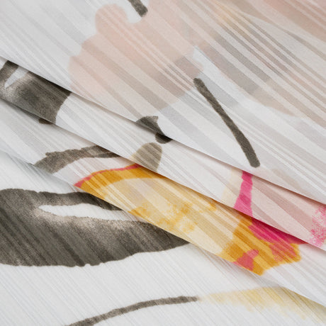Satin Stripes Polyester Dobby Print - Pink, Golden Yellow and Olive Painterly Tulip Flowers - Designer Deadstock