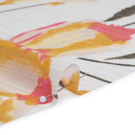 Satin Stripes Polyester Dobby Print - Pink, Golden Yellow and Olive Painterly Tulip Flowers - Designer Deadstock