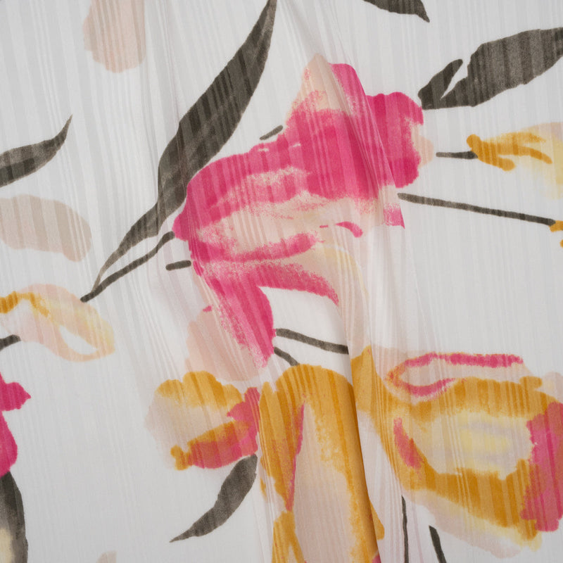 Satin Stripes Polyester Dobby Print - Pink, Golden Yellow and Olive Painterly Tulip Flowers - Designer Deadstock