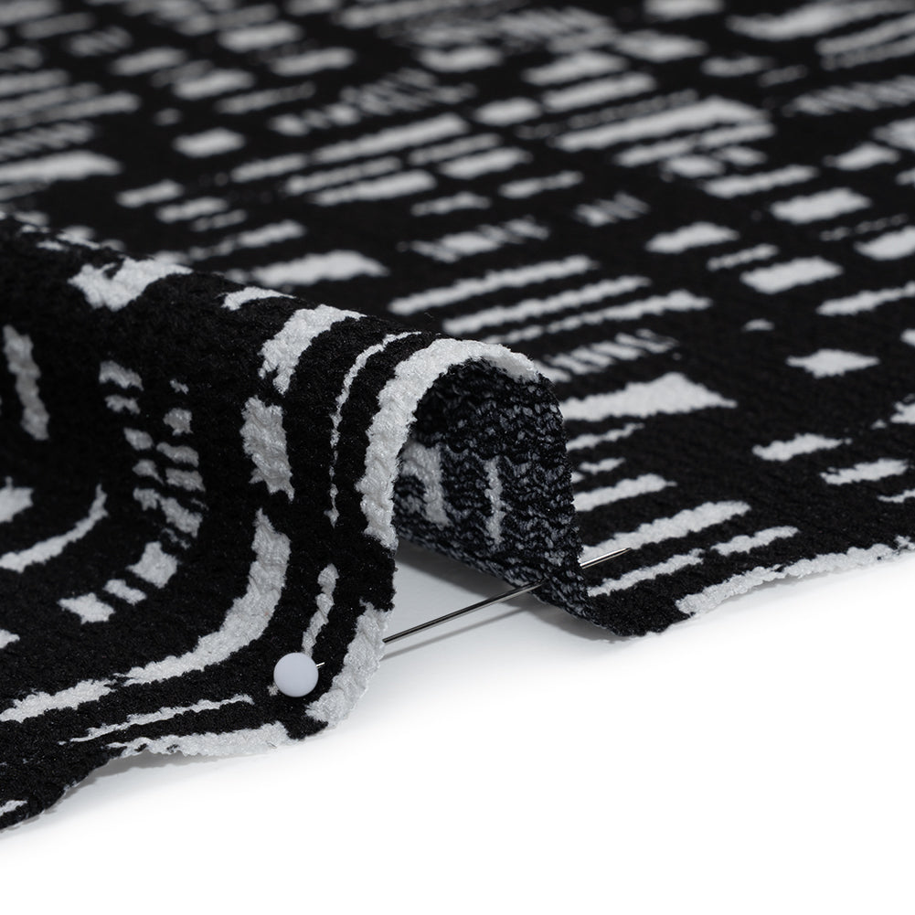 Crinkled Polyester Jacquard Knit - Black and White Abstract Grid - Designer Deadstock