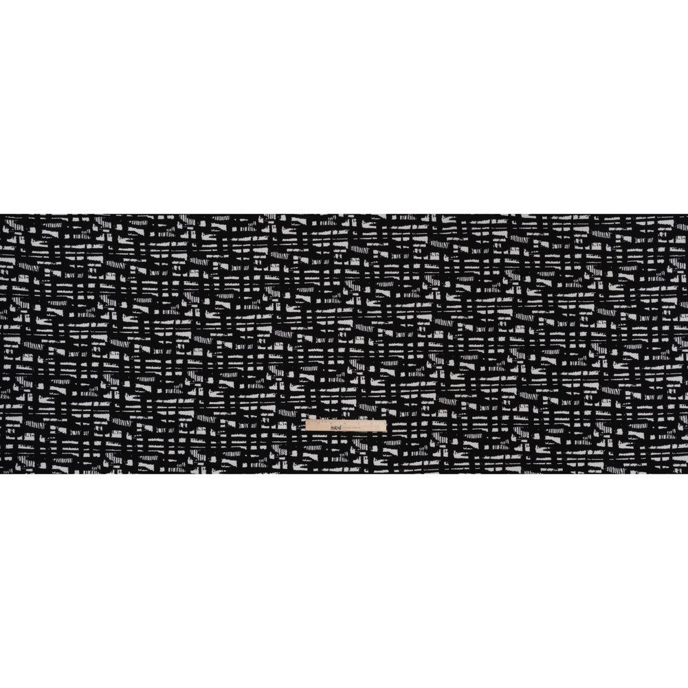 Crinkled Polyester Jacquard Knit - Black and White Abstract Grid - Designer Deadstock