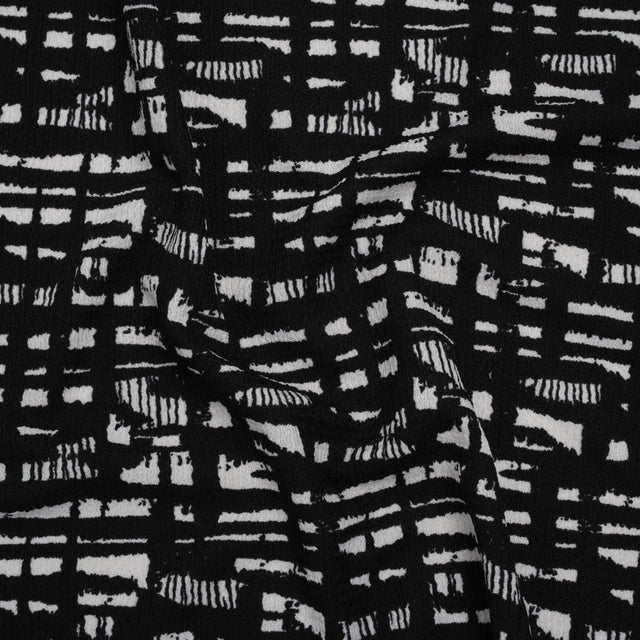 Crinkled Polyester Jacquard Knit - Black and White Abstract Grid - Designer Deadstock