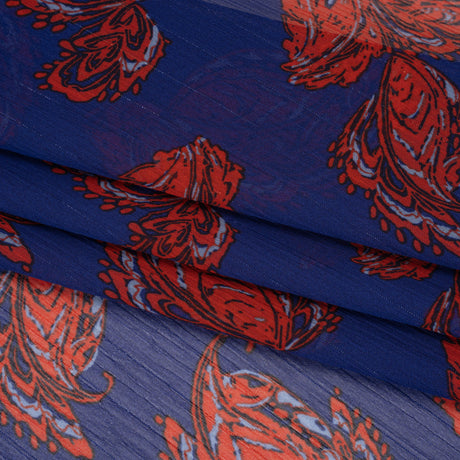 Crinkled Polyester Chiffon with Metallic Silver Pinstripes - Red and Blue Paisleys - Designer Deadstock