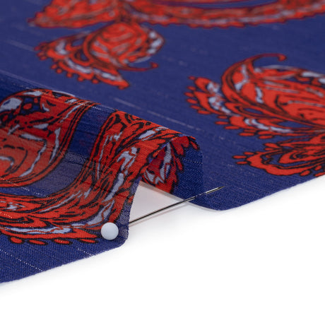 Crinkled Polyester Chiffon with Metallic Silver Pinstripes - Red and Blue Paisleys - Designer Deadstock