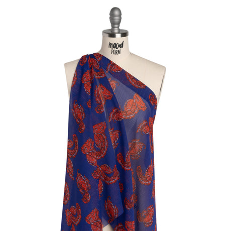 Crinkled Polyester Chiffon with Metallic Silver Pinstripes - Red and Blue Paisleys - Designer Deadstock