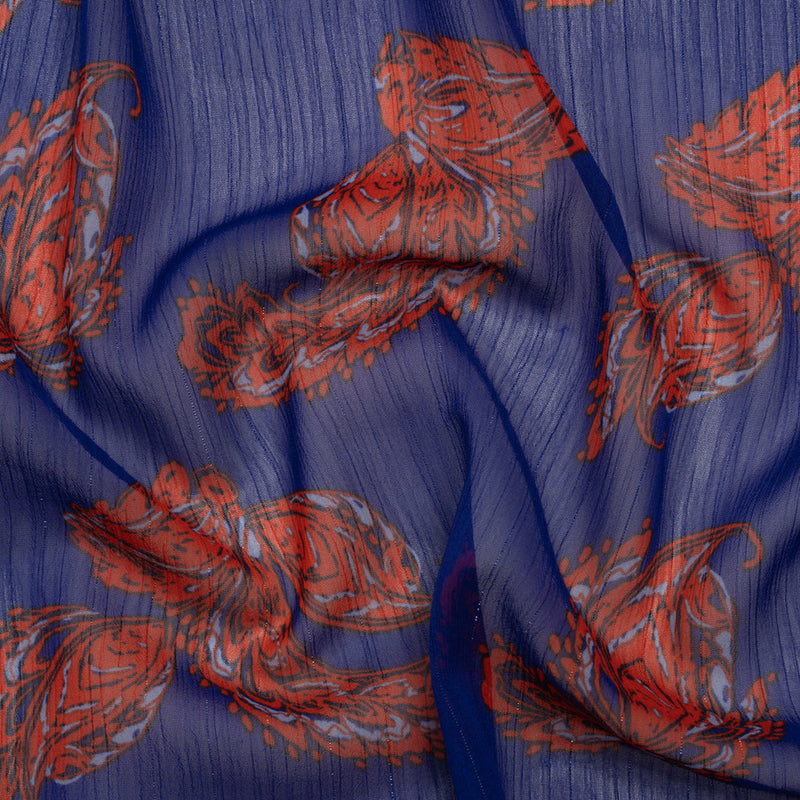 Crinkled Polyester Chiffon with Metallic Silver Pinstripes - Red and Blue Paisleys - Designer Deadstock