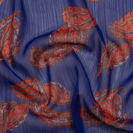 Crinkled Polyester Chiffon with Metallic Silver Pinstripes - Red and Blue Paisleys - Designer Deadstock