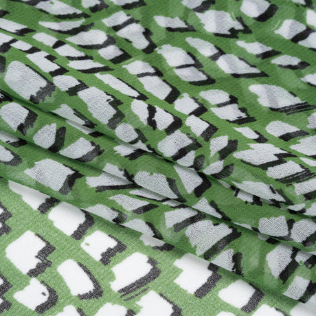 Polyester Chiffon - Grass Green, White and Black Abstract - Designer Deadstock