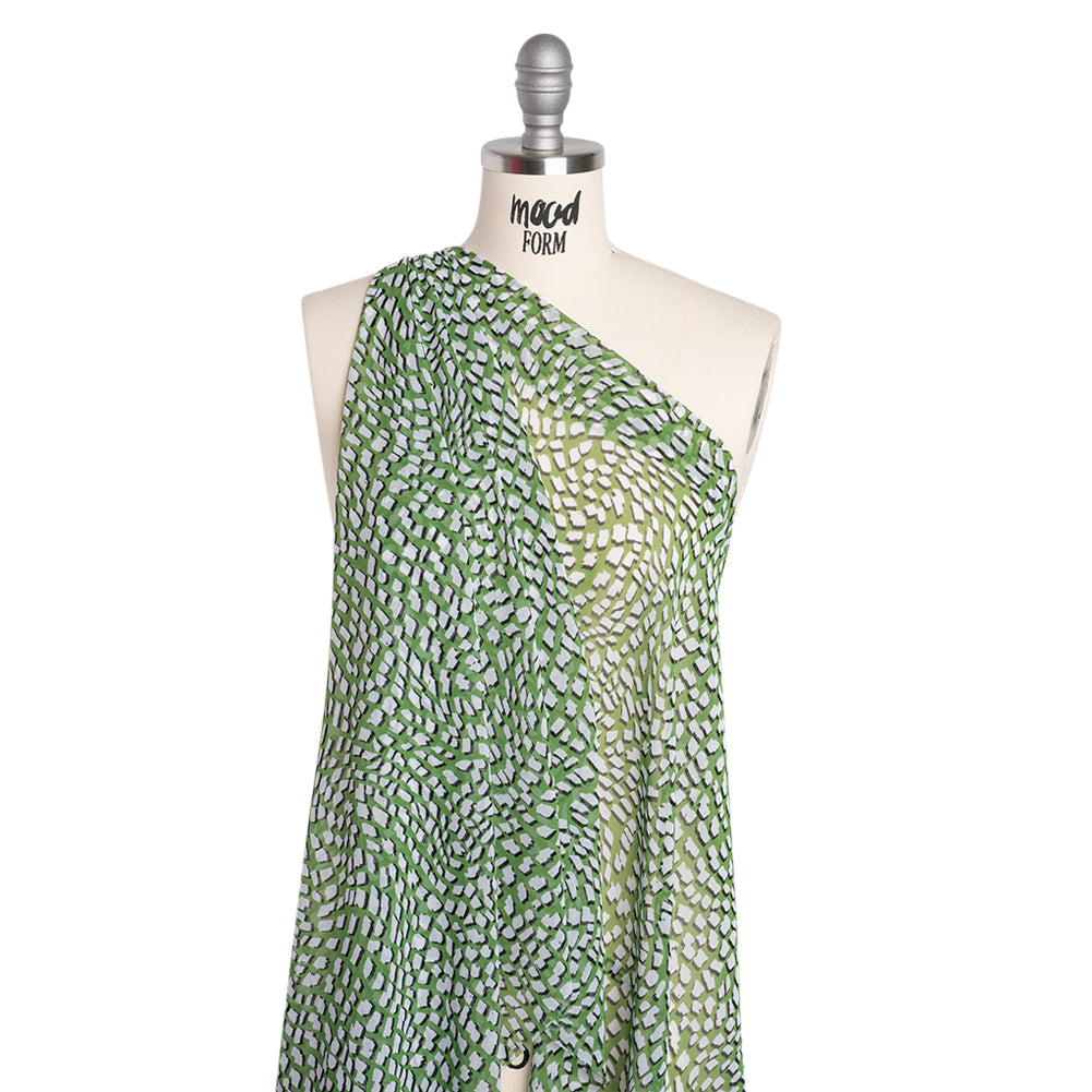 Polyester Chiffon - Grass Green, White and Black Abstract - Designer Deadstock