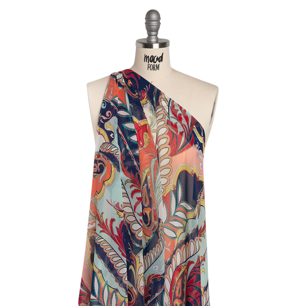 Polyester Chiffon Print - Navy, Red and Peach Paisley Leaves - Designer Deadstock