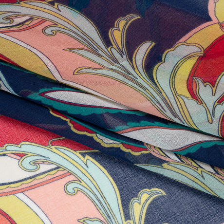 Polyester Chiffon Print - Navy, Red and Peach Paisley Leaves - Designer Deadstock