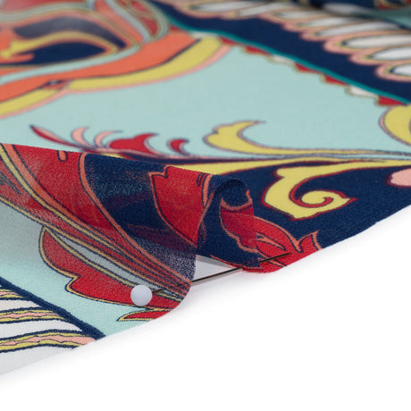 Polyester Chiffon Print - Navy, Red and Peach Paisley Leaves - Designer Deadstock