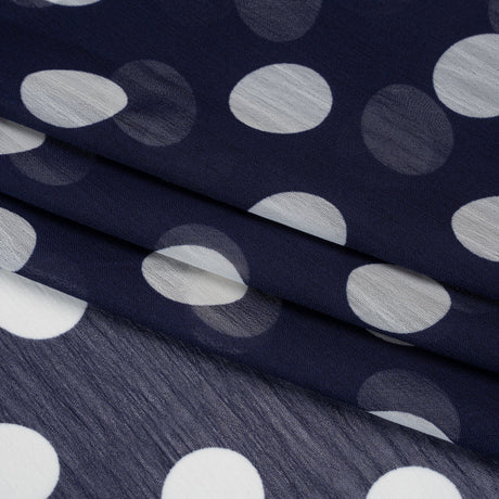 Crinkled Polyester Chiffon Print - Navy and White Polka Dots - Designer Deadstock