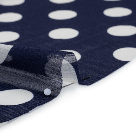 Crinkled Polyester Chiffon Print - Navy and White Polka Dots - Designer Deadstock