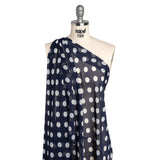 Crinkled Polyester Chiffon Print - Navy and White Polka Dots - Designer Deadstock