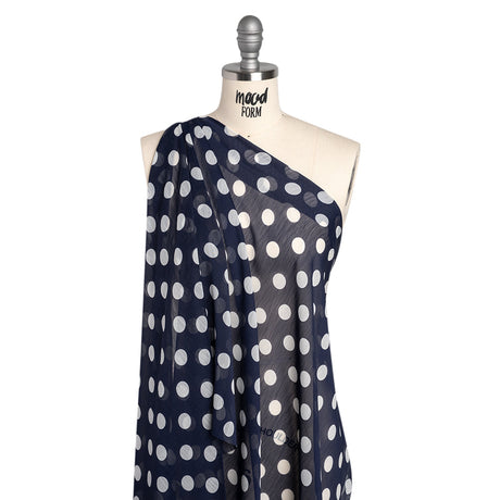 Crinkled Polyester Chiffon Print - Navy and White Polka Dots - Designer Deadstock