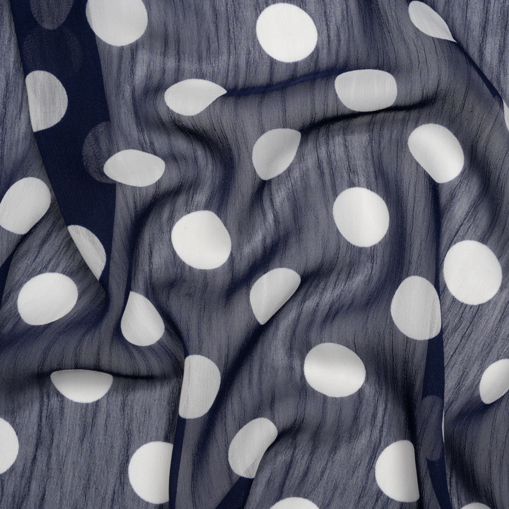 Crinkled Polyester Chiffon Print - Navy and White Polka Dots - Designer Deadstock