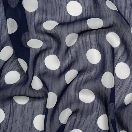 Crinkled Polyester Chiffon Print - Navy and White Polka Dots - Designer Deadstock