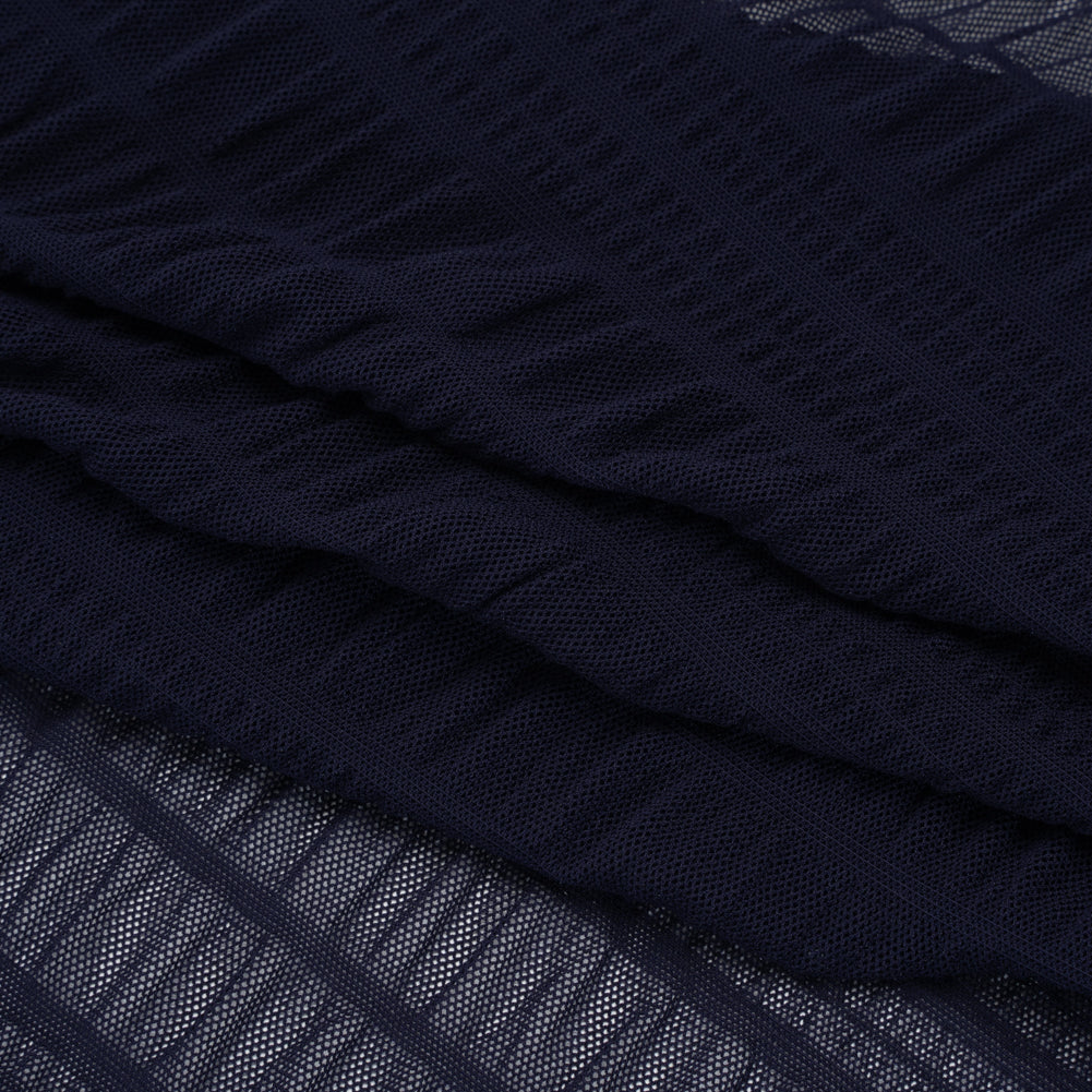 Ruched Stretched Nylon Mesh - Navy Blue Stripes - Designer Deadstock