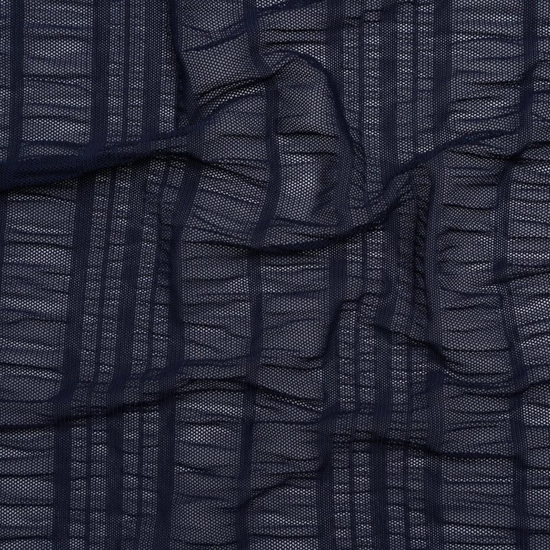Ruched Stretched Nylon Mesh - Navy Blue Stripes - Designer Deadstock