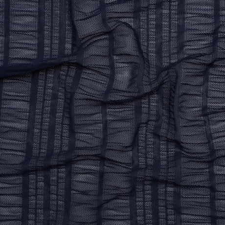 Ruched Stretched Nylon Mesh - Navy Blue Stripes - Designer Deadstock