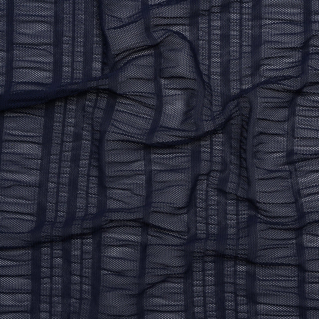 Ruched Stretched Nylon Mesh - Navy Blue Stripes - Designer Deadstock