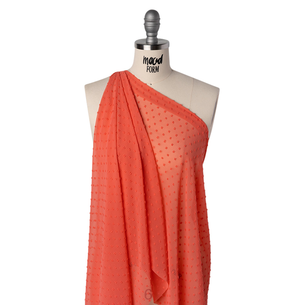 Polyester Swiss Dot Chiffon - Coral Orange Polka Dots - Designer Deadstock