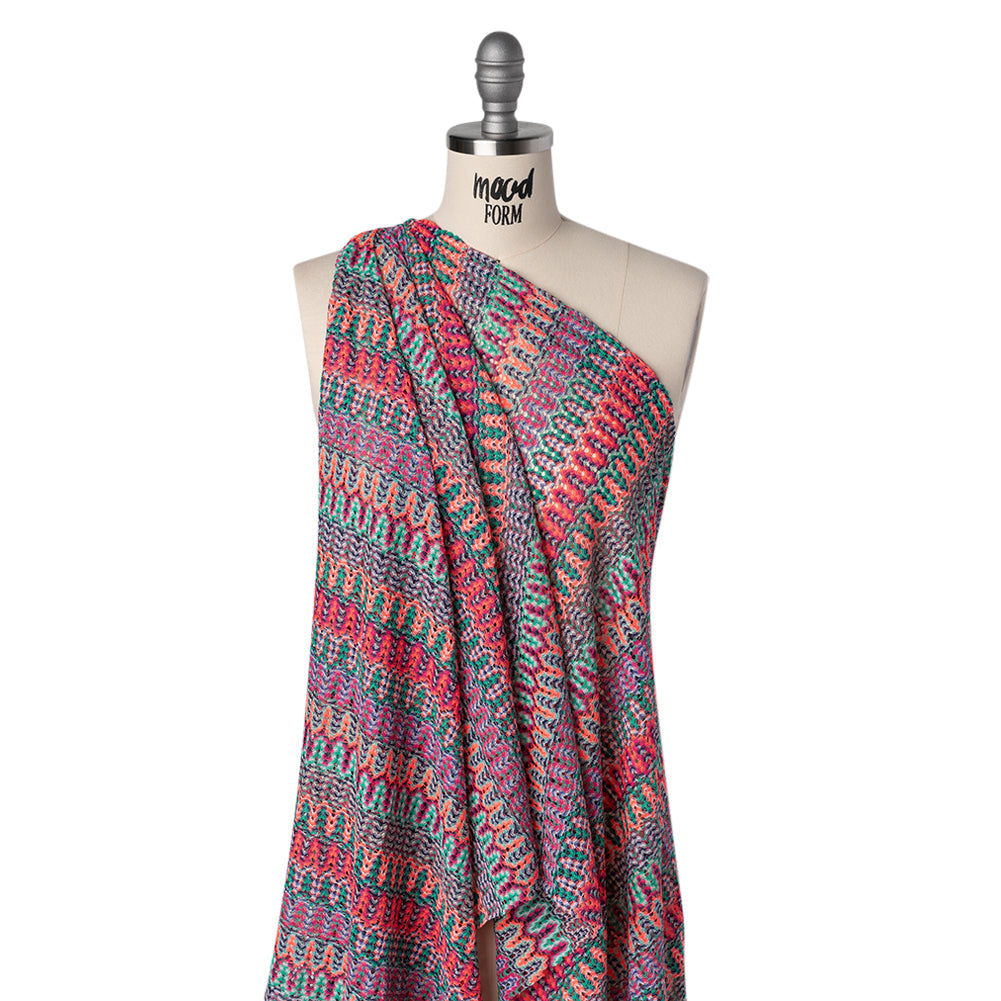 Lacy Sweater Knit with Metallic Accents - Magenta, Neon Orange and Teal Wave Stripes - Designer Deadstock