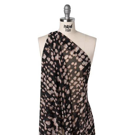 Polyester Stretch Mesh Print - Black, Beige and Cream Abstract Spots - Designer Deadstock