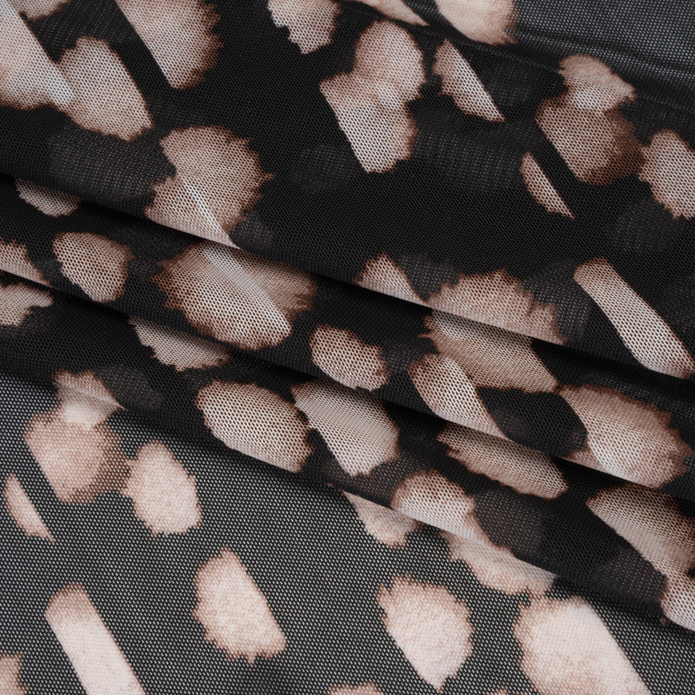 Polyester Stretch Mesh Print - Black, Beige and Cream Abstract Spots - Designer Deadstock