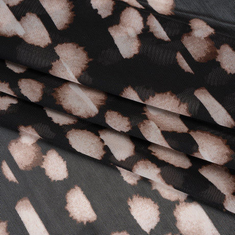 Polyester Stretch Mesh Print - Black, Beige and Cream Abstract Spots - Designer Deadstock