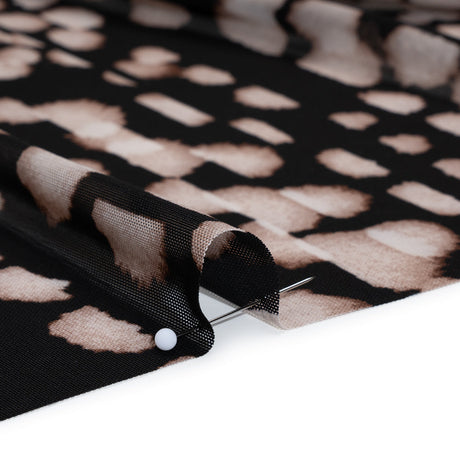 Polyester Stretch Mesh Print - Black, Beige and Cream Abstract Spots - Designer Deadstock