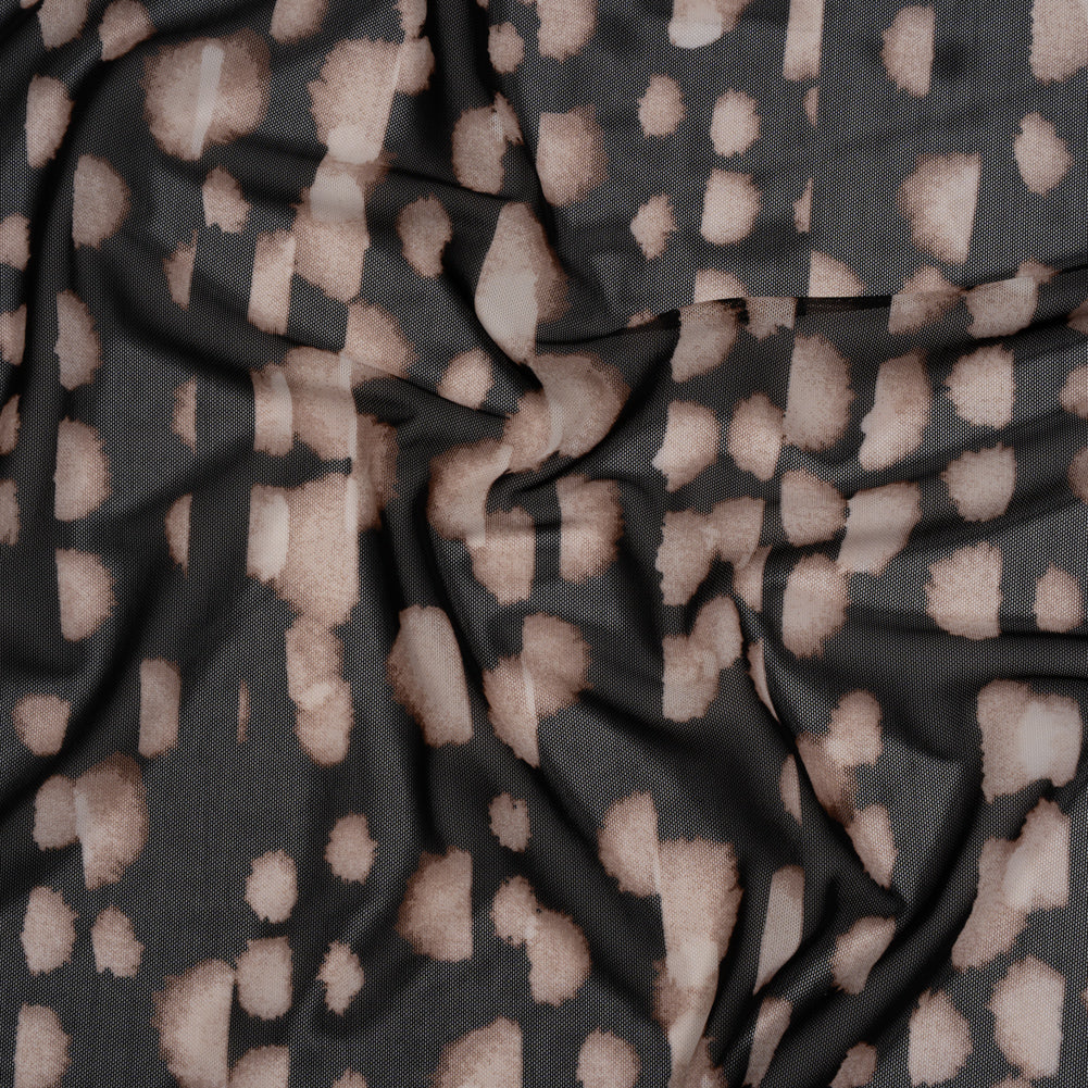 Polyester Stretch Mesh Print - Black, Beige and Cream Abstract Spots - Designer Deadstock
