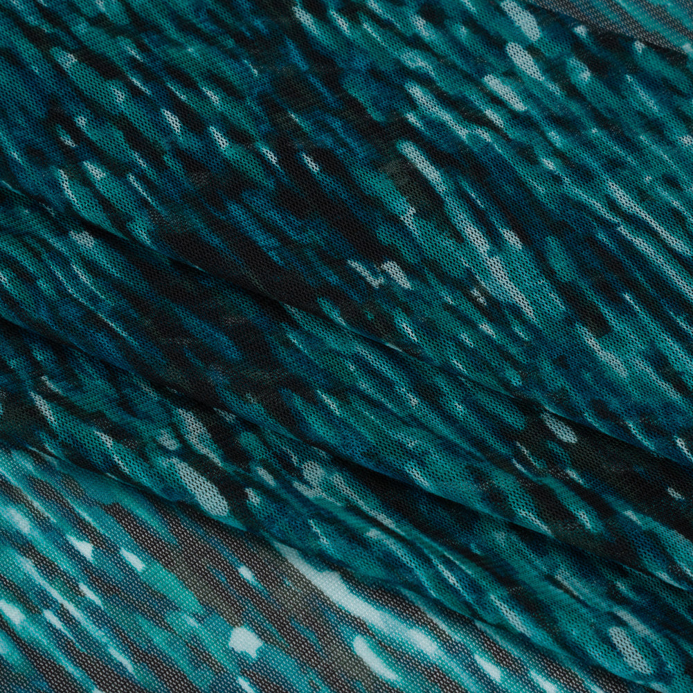 Polyester Stretch Mesh Print - Black and Teal Striations - Designer Deadstock